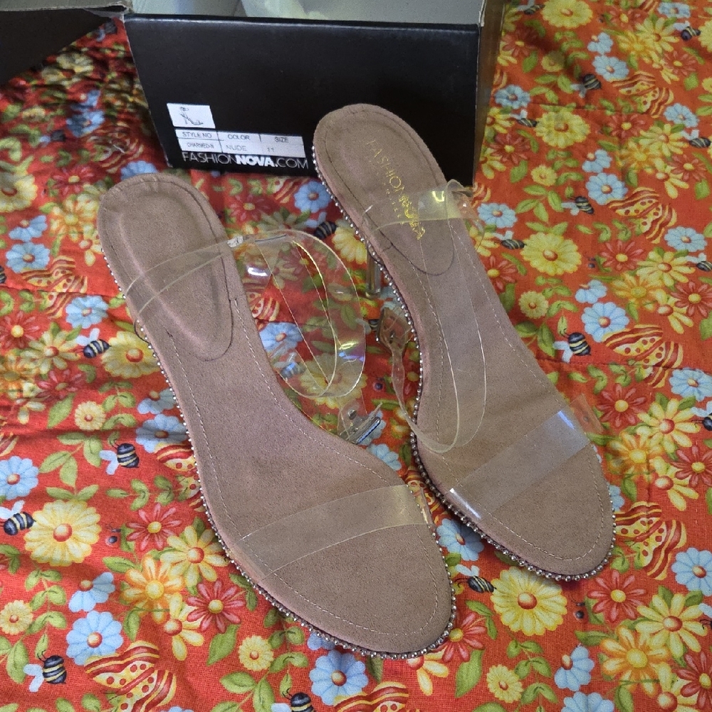 Fashion Nova Brown Suede-Look Clear Strap Slide Sandals